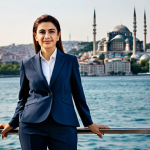 **

A professional Turkish businesswoman in a modest, tailored business suit, standing confidently in front of the Bosphorus Strait with the Istanbul skyline in the background, fully clothed, appropriate attire, safe for work, perfect anatomy, natural proportions, professional portrait photography, high quality.

**