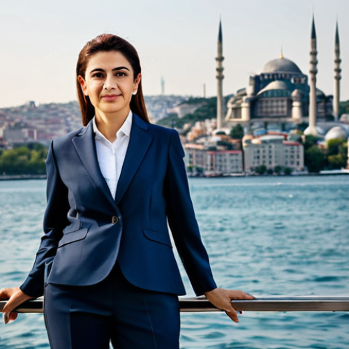 Home 11 **
A professional Turkish businesswoman in a modest, tailored business suit, standing confidently in front of the Bosphorus Strait with the Istanbul skyline in the background, fully clothed, appropriate attire, safe for work, perfect anatomy, natural proportions, professional portrait photography, high quality.
**