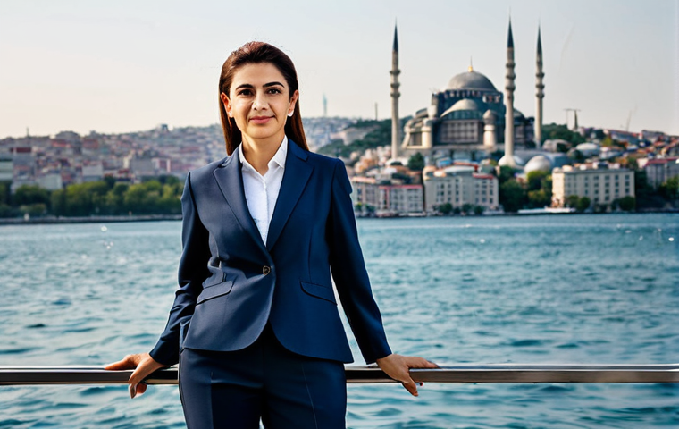 **

A professional Turkish businesswoman in a modest, tailored business suit, standing confidently in front of the Bosphorus Strait with the Istanbul skyline in the background, fully clothed, appropriate attire, safe for work, perfect anatomy, natural proportions, professional portrait photography, high quality.

**