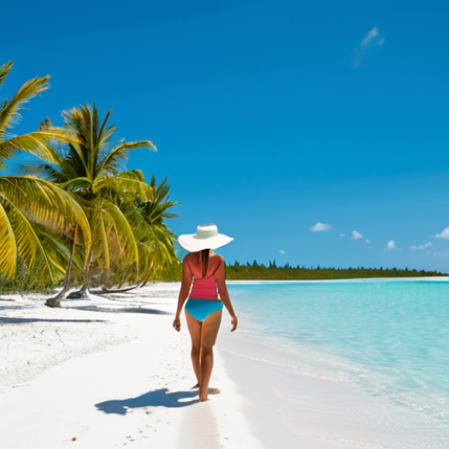 Home 6 A serene beach scene.**
"A woman in modest swimwear and a sun hat strolls along a pristine beach in the Bahamas. Crystal clear turquoise water laps at the white sand. Palm trees sway gently in the background. Bright, sunny day. safe for work, appropriate content, fully clothed, family-friendly, professional photography, perfect anatomy, natural proportions."
**