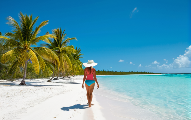 A serene beach scene.**

"A woman in modest swimwear and a sun hat strolls along a pristine beach in the Bahamas.  Crystal clear turquoise water laps at the white sand.  Palm trees sway gently in the background.  Bright, sunny day.  safe for work, appropriate content, fully clothed, family-friendly, professional photography, perfect anatomy, natural proportions."

**